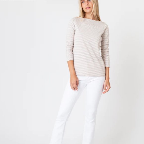 ANN MASHBURN Tops - ANN MASHBURN Long-Sleeved Boatneck Tee Taupe/Ivory Stripe Compact Jersey